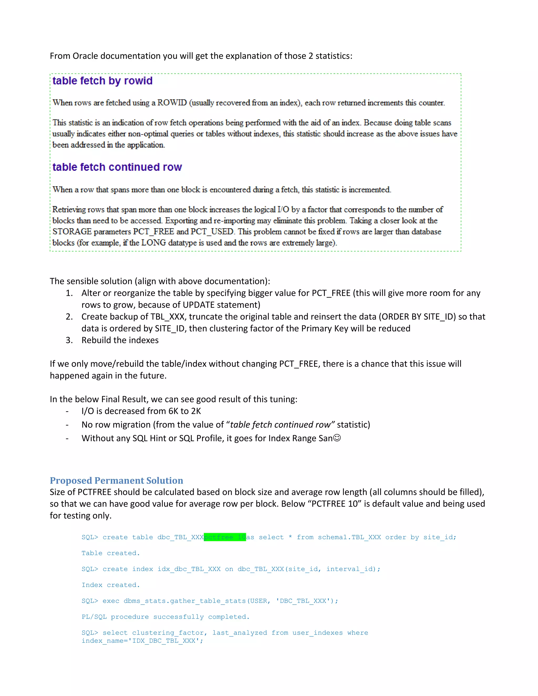 From Oracle documentation you will get the explanation of those 2 statistics: The sensible solution (align with above documentation): 1. Alter or reorganize the table by specifying bigger value for PCT_FREE (this will give more room for any rows to grow, because of UPDATE statement) 2. Create backup of TBL_XXX, truncate the original table and reinsert the data (ORDER BY SITE_ID) so that data is ordered by SITE_ID, then clustering factor of the Primary Key will be reduced 3. Rebuild the indexes If we only move/rebuild the table/index without changing PCT_FREE, there is a chance that this issue will happened again in the future. In the below Final Result, we can see good result of this tuning: - I/O is decreased from 6K to 2K - No row migration (from the value of “table fetch continued row” statistic) - Without any SQL Hint or SQL Profile, it goes for Index Range San Proposed Permanent Solution Size of PCTFREE should be calculated based on block size and average row length (all columns should be filled), so that we can have good value for average row per block. Below “PCTFREE 10” is default value and being used for testing only. SQL> create table dbc_TBL_XXXpctfree 10as select * from schema1.TBL_XXX order by site_id; Table created. SQL> create index idx_dbc_TBL_XXX on dbc_TBL_XXX(site_id, interval_id); Index created. SQL> exec dbms_stats.gather_table_stats(USER, 'DBC_TBL_XXX'); PL/SQL procedure successfully completed. SQL> select clustering_factor, last_analyzed from user_indexes where index_name='IDX_DBC_TBL_XXX'; 