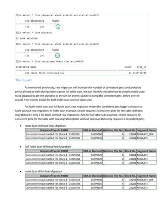 The Impact
As mentioned previously, row migration will increase the number of consistent gets (and probably
physical read as well) during index scan or full table scan. We can identify this behavior by simply enable autotrace (sqlplus) to get the statistics or by turn on events 10200 to dump the consistent gets. Below are the
results from events 10200 for both index scan and full table scan.
For both index scan and full table scan, row migration makes the consistent gets bigger compare to
table without row migration. In index scan example, Oracle requires 2 consistent gets for the table with row
migration (it is only 1 for table without row migration). And for full table scan example, Oracle requires 20
consistent gets for the table with row migration (table without row migration only requires 3 consistent gets).
Index Scan Without Row Migration

Full Table Scan Without Row Migration

Index Scan With Row Migration

 