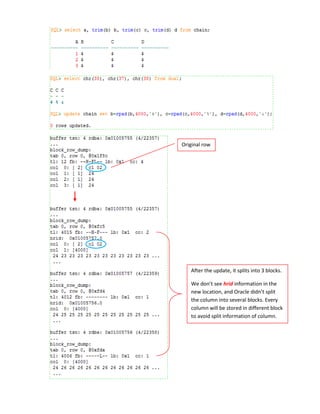 Original row

After the update, it splits into 3 blocks.
We don’t see hrid information in the
new location, and Oracle didn’t split
the column into several blocks. Every
column will be stored in different block
to avoid split information of column.

 