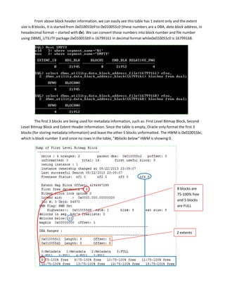 From above block header information, we can easily see this table has 1 extent only and the extent
size is 8 blocks, it is started from 0x010055b9 to 0x010055c0 (these numbers are a DBA, data block address, in
hexadecimal format – started with 0x). We can convert those numbers into block number and file number
using DBMS_UTILITY package.0x010055b9 is 16799161 in decimal format while0x010055c0 is 16799168.

The first 3 blocks are being used for metadata information, such as: First Level Bitmap Block, Second
Level Bitmap Block and Extent Header Information. Since the table is empty, Oracle only format the first 3
blocks (for storing metadata information) and leave the other 5 blocks unformatted. The HWM is 0x010055bc,
which is block number 3 and since no rows in the table, “#blocks below” HWM is showing 0.

8 blocks are
75-100% free
and 5 blocks
are FULL

2 extents

 