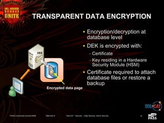TRANSPARENT DATA ENCRYPTION
 Encryption/decryption at
database level
 DEK is encrypted with:
– Certificate
– Key residing in a Hardware
Security Module (HSM)
 Certificate required to attach
database files or restore a
backup
SQL Server 2008
DEK
Client Application
Encrypted data page
PASS Community Summit 2008 DBA-402-A SQLCAT - Security -- Data Security, Admin Security 10
 