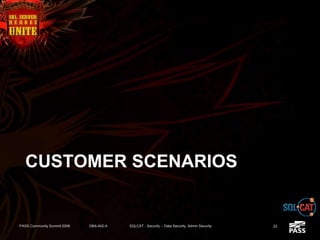 CUSTOMER SCENARIOS
PASS Community Summit 2008 DBA-402-A SQLCAT - Security -- Data Security, Admin Security 22
 