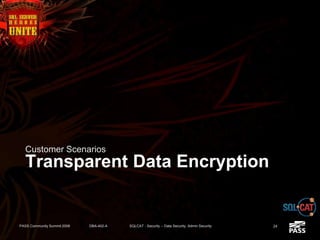 Transparent Data Encryption
Customer Scenarios
PASS Community Summit 2008 DBA-402-A SQLCAT - Security -- Data Security, Admin Security 24
 
