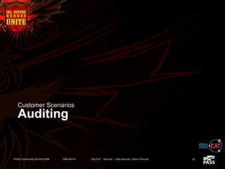 Auditing
Customer Scenarios
PASS Community Summit 2008 DBA-402-A SQLCAT - Security -- Data Security, Admin Security 30
 