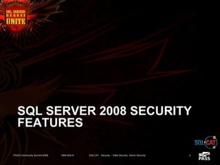 SQL SERVER 2008 SECURITY
FEATURES
PASS Community Summit 2008 DBA-402-A SQLCAT - Security -- Data Security, Admin Security 5
 