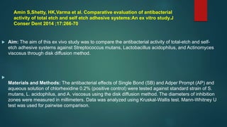Amin S,Shetty, HK,Varma et al. Comparative evaluation of antibacterial
activity of total etch and self etch adhesive systems:An ex vitro study.J
Conser Dent 2014 ;17:266-70
 Aim: The aim of this ex vivo study was to compare the antibacterial activity of total-etch and self-
etch adhesive systems against Streptococcus mutans, Lactobacillus acidophilus, and Actinomyces
viscosus through disk diffusion method.

Materials and Methods: The antibacterial effects of Single Bond (SB) and Adper Prompt (AP) and
aqueous solution of chlorhexidine 0.2% (positive control) were tested against standard strain of S.
mutans, L. acidophilus, and A. viscosus using the disk diffusion method. The diameters of inhibition
zones were measured in millimeters. Data was analyzed using Kruskal-Wallis test. Mann-Whitney U
test was used for pairwise comparison.
 