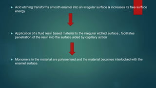  Acid etching transforms smooth enamel into an irregular surface & increases its free surface
energy
 Application of a fluid resin based material to the irregular etched surface , facilitates
penetration of the resin into the surface aided by capillary action
 Monomers in the material are polymerised and the material becomes interlocked with the
enamel surface.
 