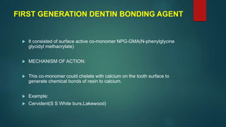 FIRST GENERATION DENTIN BONDING AGENT
 It consisted of surface active co-monomer NPG-GMA(N-phenylglycine
glycidyl methacrylate)
 MECHANISM OF ACTION:
 This co-monomer could chelate with calcium on the tooth surface to
generate chemical bonds of resin to calcium.
 Example:
 Cervident(S S White burs,Lakewood)
 
