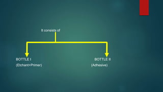It consists of
BOTTLE I BOTTLE II
(Etchant+Primer) (Adhesive)
 