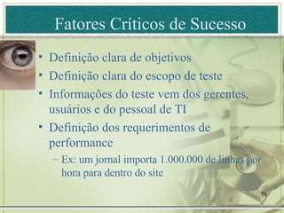 Fatores Críticos de Sucesso Definição clara de objetivos Definição clara do escopo de teste Informações do teste vem dos gerentes, usuários e do pessoal de TI Definição dos requerimentos de performance Ex: um jornal importa 1.000.000 de linhas por hora para dentro do site 