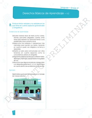 Derechos Básicos de Aprendizaje • V.2
20
8.
Produce textos verbales y no verbales en los
que tiene en cuenta aspectos gramaticales
y ortográficos.
Evidencias de aprendizaje
m	
Escribe diversos tipos de texto (como cartas,
afiches, pancartas, plegables, cuentos, entre
otros) para expresar sus opiniones frente a una
problemática de su entorno local.
m	
Selecciona las palabras o expresiones más
indicadas para escribir sus textos, teniendo
en cuenta a quién van dirigidos y el tema a
desarrollar.
m	
Diseña un plan para comunicarse con otros
teniendo en cuenta aspectos como la
concordancia verbal y la ortografía.
m	
Segmenta palabras escritas que contienen hiatos,
diptongos y triptongos, apoyándose en los golpes
de voz.
m	
Reconoce que algunos sonidos se corresponden
con diferentes grafemas (C, S, Z o K, Q) y lo tiene
en cuenta dentro de sus elaboraciones escritas.
	
Ejemplo
Diseña textos que le permiten comunicar un mensaje
de manera efectiva:
Lenguaje • Grado 3º
D
O
C
U
M
E
N
T
O
P
R
E
L
I
M
I
N
A
R
 