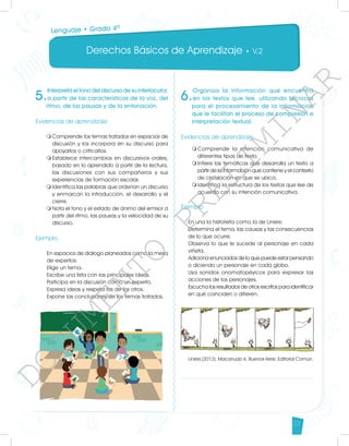Derechos Básicos de Aprendizaje • V.2
23
5.
Interpreta el tono del discurso de su interlocutor,
a partir de las características de la voz, del
ritmo, de las pausas y de la entonación.
Evidencias de aprendizaje
m	
Comprende los temas tratados en espacios de
discusión y los incorpora en su discurso para
apoyarlos o criticarlos.
m	
Establece intercambios en discursivos orales,
basado en lo aprendido a partir de la lectura,
las discusiones con sus compañeros y sus
experiencias de formación escolar.
m	
Identifica las palabras que ordenan un discurso
y enmarcan la introducción, el desarrollo y el
cierre.
m	
Nota el tono y el estado de ánimo del emisor a
partir del ritmo, las pausas y la velocidad de su
discurso.
		
Ejemplo
En espacios de diálogo planeados como la mesa
de expertos:
Elige un tema.
Escribe una lista con las principales ideas.
Participa en la discusión como un experto.
Expresa ideas y respeta las de los otros.
Expone las conclusiones de los temas tratados.
6.
Organiza la información que encuentra
en los textos que lee, utilizando técnicas
para el procesamiento de la información
que le facilitan el proceso de compresión e
interpretación textual.
Evidencias de aprendizaje
m	
Comprende la intención comunicativa de
diferentes tipos de texto.
m	
Infiere las temáticas que desarrolla un texto a
partir de la información que contiene y el contexto
de circulación en que se ubica.
m	
Identifica la estructura de los textos que lee de
acuerdo con su intención comunicativa.
Ejemplo
En una la historieta como la de Liniers:
Determina el tema, las causas y las consecuencias
de lo que ocurre.
Observa lo que le sucede al personaje en cada
viñeta.
Adiciona enunciados de lo que puede estar pensando
o diciendo un personaje en cada globo.
Usa sonidos onomatopéyicos para expresar las
acciones de los personajes.
Escucha los resultados de otros escritos para identificar
en qué coinciden o difieren.
Liniers (2012). Macanudo 6. Buenos Aires: Editorial Común.
Lenguaje • Grado 4º
D
O
C
U
M
E
N
T
O
P
R
E
L
I
M
I
N
A
R
 