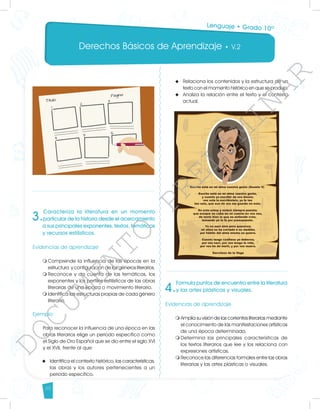 Derechos Básicos de Aprendizaje • V.2
48
3.
Caracteriza la literatura en un momento
particular de la historia desde el acercamiento
a sus principales exponentes, textos, temáticas
y recursos estilísticos.
Evidencias de aprendizaje
m	
Comprende la influencia de las épocas en la
estructura y configuración de los géneros literarios.
m	
Reconoce y da cuenta de las temáticas, los
exponentes y los perfiles estilísticos de las obras
literarias de una época o movimiento literario.
m	
Identifica las estructuras propias de cada género
literario.
		
Ejemplo
Para reconocer la influencia de una época en las
obras literarios elige un periodo específico como
el Siglo de Oro Español que se dio entre el siglo XVI
y el XVII, frente al que:
u 	 Identifica el contexto histórico, las características,
las obras y los autores pertenecientes a un
periodo específico.
u 	 Relaciona los contenidos y la estructura de un
texto con el momento histórico en que se produjo.
u 	Analiza la relación entre el texto y el contexto
actual.
4.
Formula puntos de encuentro entre la literatura
y las artes plásticas y visuales.
Evidencias de aprendizaje
m	
Amplía su visión de las corrientes literarias mediante
el conocimiento de las manifestaciones artísticas
de una época determinada.
m	
Determina las principales características de
los textos literarios que lee y los relaciona con
expresiones artísticas.
m	
Reconoce las diferencias formales entre las obras
literarias y las artes plásticas o visuales.
		
Lenguaje • Grado 10º
D
O
C
U
M
E
N
T
O
P
R
E
L
I
M
I
N
A
R
 