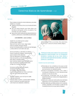 Derechos Básicos de Aprendizaje • V.2
49
Ejemplo
Para analizar la relación entre la literatura y las artes
plásticas o visuales:
u 	 Observa una pintura como Los amantes de René
Magritte.
u 	Lee una pieza literaria que trate sobre una
temática semejante como el poema “Los
amantes” de Julio Cortázar.
u 	 Busca información sobre las dos obras teniendo en
cuenta su estructura y características particulares.
LOS AMANTES - Julio Cortázar
¿Quién los ve andar por la ciudad
si todos están ciegos ?
Ellos se toman de la mano: algo habla
entre sus dedos, lenguas dulces
lamen la húmeda palma, corren por las falanges,
y arriba está la noche llena de ojos.
Son los amantes, su isla flota a la deriva
hacia muertes de césped, hacia puertos
que se abren entre sábanas.
Todo se desordena a través de ellos,
todo encuentra su cifra escamoteada;
pero ellos ni siquiera saben
que mientras ruedan en su amarga arena
hay una pausa en la obra de la nada,
el tigre es un jardín que juega.
Amanece en los carros de basura,
empiezan a salir los ciegos,
el ministerio abre sus puertas.
Los amantes rendidos se miran y se tocan
una vez más antes de oler el día.
Ya están vestidos, ya se van por la calle.
Y es sólo entonces
cuando están muertos, cuando están vestidos,
que la ciudad los recupera hipócrita
y les impone los deberes cotidianos.
5.
Participa en discursos orales en los que evalúa
aspectos relacionados con la progresión
temática, manejo de la voz, tono, estilo y
puntos de vista sobre temas sociales, culturales,
políticos y científicos.
Evidencias de aprendizaje
m	
Profundiza en los contextos en los que se dan
las temáticas tratadas, a partir de la búsqueda
de información en diversas fuentes.
m	
Evalúa la progresión temática, tono, estilo y
vocabulario presentes en las intervenciones
propias y en las de los otros.
m	
Comprende contenidos que no se dicen
explícitamente por medio de ambigüedades o
dobles sentidos.
m	
Aplica en su discurso oral la estructura de textos
específicos como la ponencia o el debate.
m	
Infiere datos de sus interlocutores como carácter,
actitud, propósito comunicativo a partir de las
modulaciones de voz que estos emplean.
René Magritte. (1928). Los amantes. Óleo sobre lienzo,
54,2 x 73 cm. Colección privada, Bruselas, Bélgica.
Lenguaje • Grado 10º
D
O
C
U
M
E
N
T
O
P
R
E
L
I
M
I
N
A
R
 