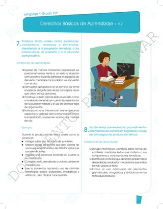 Derechos Básicos de Aprendizaje • V.2
51
7.
Produce textos orales como ponencias,
comentarios, relatorías o entrevistas,
atendiendo a la progresión temática, a los
interlocutores, al propósito y a la situación
comunicativa.
Evidencias de aprendizaje
m	
Expresa de manera coherente y respetuosa sus
posicionamientos frente a un texto o situación
comunicativa cuando participa en espacios de
discusión, mediados por la palabra y el encuentro
con el otro.
m	
Demuestra apropiación en el dominio del tema
al explicar el significado de los conceptos clave
que utiliza en sus opiniones.
m	
Construye un texto para ser leído en voz alta, como
una relatoría, teniendo en cuenta la presentación
de la cuestión tratada y el uso de diversos tipos
de argumentos.
m	
Participa en una intervención oral empleando
aspectos no verbales de la comunicación como
la impostación, el volumen, el tono y los matices
de voz.
Ejemplo
Durante la producción de textos orales como la
ponencia:
u	 Indaga sobre una temática de su interés.
u	 Elabora fichas de lectura que den cuenta de
una búsqueda exhaustiva de distintos textos que
aborden el tema.
u	 Prepara una ponencia teniendo en cuenta a
su interlocutor.
u	 Corrige su texto, atendiendo a un tono coherente
y respetuoso.
u	 Lee la ponencia haciendo uso de distintas
estrategias orales, corporales, mediáticas y
retóricas, para atrapar a los oyentes.
Lenguaje • Grado 10º
8.
Escribe textos que evidencian procedimientos
sistemáticos de corrección lingüística y el uso
de estrategias de producción textual.
Evidencias de aprendizaje
m	
Divulga información científica sobre temas de
su interés, mediante textos que motivan a sus
compañeros a conocer dichas temáticas.
m	
Identifica el contenido que abarca la problemática
desarrollada y evalúa los mecanismos que le dan
sentido global al texto.
m	
Evalúa el uso adecuado de elementos
gramaticales, ortográficos y sintácticos en los
textos que produce.	
D
O
C
U
M
E
N
T
O
P
R
E
L
I
M
I
N
A
R
 