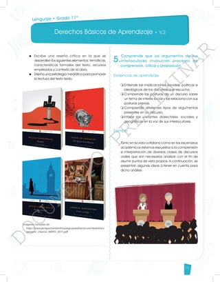Derechos Básicos de Aprendizaje • V.2
55
u	 Escribe una reseña crítica en la que se
desarrollen los siguientes elementos: temáticas,
características formales del texto, recursos
empleados y contexto de la obra.
u	 Diseña una estrategia mediática para promover
la lectura del texto leído.
5.
Comprende que los argumentos de sus
interlocutores involucran procesos de
comprensión, crítica y proposición.
Evidencias de aprendizaje
m	
Entiende las implicaciones sociales, políticas e
ideológicas de los discursos que escucha.
m	
Comprende las posturas de un discurso sobre
un tema de interés social y las relaciona con sus
posturas previas.
m	
Comprende diferentes tipos de argumentos
presentes en un discurso.
m	
Infiere las variantes dialectales, sociales y
geográficas en la voz de sus interlocutores.
Ejemplo
Tanto en la vida cotidiana como en los escenarios
académicos estamos expuestos a la comprensión
e interpretación de diversas clases de discursos
orales que son necesarios analizar con el fin de
asumir puntos de vista propios. A continuación, se
presentan algunas ideas a tener en cuenta para
dicho análisis:
Lenguaje • Grado 11º
D
O
C
U
M
E
N
T
O
P
R
E
L
I
M
I
N
A
R
 