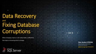 Data Recovery
and
Fixing Database
Corruptions
When changing a byte or a bit really makes a difference.
Few steps on knowing what to change.
Dan Andrei STEFAN
Senior Database Administrator
SCC Services Romania
@dba-lounge Iasi 27.08.2015
 