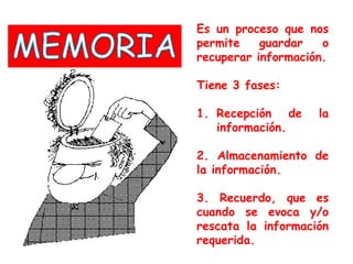 Es un proceso que nos
permite
guardar
o
recuperar información.
Tiene 3 fases:

1. Recepción de
información.

la

2. Almacenamiento de
la información.
3. Recuerdo, que es
cuando se evoca y/o
rescata la información
requerida.

 