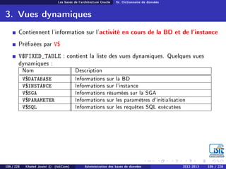 Les bases de l'architecture Oracle IV. Dictionnaire de données
3. Vues dynamiques
Contiennent l'information sur l'activité en cours de la BD et de l'instance
Préxées par V$
V$FIXED_TABLE : contient la liste des vues dynamiques. Quelques vues
dynamiques :
Nom Description
V$DATABASE Informations sur la BD
V$INSTANCE Informations sur l'instance
V$SGA Informations résumées sur la SGA
V$PARAMETER Informations sur les paramètres d'initialisation
V$SQL Informations sur les requêtes SQL exécutées
106 / 228 Khaled Jouini c (IsitCom) Administration des bases de données 2012-2013 106 / 228
 