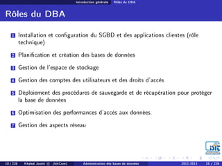 Introduction générale Rôles du DBA
Rôles du DBA
1 Installation et conguration du SGBD et des applications clientes (rôle
technique)
2 Planication et création des bases de données
3 Gestion de l'espace de stockage
4 Gestion des comptes des utilisateurs et des droits d'accès
5 Déploiement des procédures de sauvegarde et de récupération pour protéger
la base de données
6 Optimisation des performances d'accès aux données.
7 Gestion des aspects réseau
10 / 228 Khaled Jouini c (IsitCom) Administration des bases de données 2012-2013 10 / 228
 
