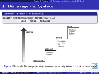 Gestion de l'instance II. Démarrage et arrêt d'un serveur de BD Oracle
1. Démarrage - a. Syntaxe
Démarrage - Syntaxe (non exhaustive)
STARTUP [FORCE][RESTRICT][PFILE=nomPFILE]
[OPEN | MOUNT | NOMOUNT]
Figure: Phases de démarrage [Oracle c Database Concepts 11g Release 2 (11.2)E10713-05,2010]
112 / 228 Khaled Jouini c (IsitCom) Administration des bases de données 2012-2013 112 / 228
 