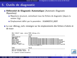 Gestion de l'instance III. Diagnostic et surveillance d'un serveur de BD Oracle
5. Outils de diagnostic
Référentiel de Diagnostic Automatique (Automatic Diagnostic
Repository)
Répertoire structuré, centralisant tous les chiers de diagnostic (depuis la
version 11g)
Emplacement déni par le paramètre : DIAGNOSTIC_DEST
La vue v$diag_info renseigne sur les emplacements des chiers d'alerte et
de trace
125 / 228 Khaled Jouini c (IsitCom) Administration des bases de données 2012-2013 125 / 228
 