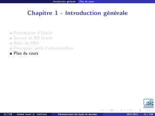 Introduction générale Plan du cours
Chapitre 1 - Introduction générale
Présentation d'Oracle
Serveur de BD Oracle
Rôles du DBA
Principaux outils d'administration
Plan du cours
12 / 228 Khaled Jouini c (IsitCom) Administration des bases de données 2012-2013 12 / 228
 