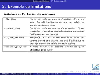 Gestion des utilisateurs IV. Gestion des prols
2. Exemple de limitations
Limitations sur l'utilisation des ressources
idle_time Durée maximale en minutes d'inactivité d'une ses-
sion. Au delà l'utilisateur ne peut que valider ou
annuler ses transactions
connect_time Durée maximale en minutes d'une session. Si dé-
passée les transactions non validées sont annulées et
l'utilisateur est déconnecté
cpu_per_session Temps CPU maximal en centaines de secondes con-
sommé durant une session. Au delà l'utilisateur ne
peut qu'annuler ou valider ses transactions
sessions_per_user Nombre maximale de sessions simultanées qu'un
utilisateur peut ouvrir
150 / 228 Khaled Jouini c (IsitCom) Administration des bases de données 2012-2013 150 / 228
 