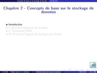 Concepts de base sur le stockage de données Introduction
Chapitre 2 - Concepts de base sur le stockage de
données
Introduction
I. Structures physiques de stockage
II. Technologie RAID
III. Structures logiques de stockage sous Oracle
13 / 228 Khaled Jouini c (IsitCom) Administration des bases de données 2012-2013 13 / 228
 