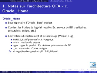 Création manuelle d'une BD et conguration du réseau I. Création d'une base de données
1. Notes sur l'architecture OFA - c.
Oracle_Home
Oracle_Home
Sous-répertoire d'Oracle_Baseproduct
Contient les chiers du logiciel installé (Ex. serveur de BD : utilitaires,
exécutables, scripts, etc.)
Conventions d'emplacement et de nommage (Version 11g)
ORACLE_BASEproductv.v.vtype_n
v.v.v : version du produit
type : type du produit. Ex. dbhome pour serveur de BD
_n : un numéro d'ordre du type
Ex. d:appfoulenproduct11.2.0dbhome1
168 / 228 Khaled Jouini c (IsitCom) Administration des bases de données 2012-2013 168 / 228
 