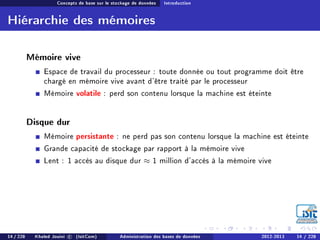 Concepts de base sur le stockage de données Introduction
Hiérarchie des mémoires
Mémoire vive
Espace de travail du processeur : toute donnée ou tout programme doit être
chargé en mémoire vive avant d'être traité par le processeur
Mémoire volatile : perd son contenu lorsque la machine est éteinte
Disque dur
Mémoire persistante : ne perd pas son contenu lorsque la machine est éteinte
Grande capacité de stockage par rapport à la mémoire vive
Lent : 1 accès au disque dur ≈ 1 million d'accès à la mémoire vive
14 / 228 Khaled Jouini c (IsitCom) Administration des bases de données 2012-2013 14 / 228
 