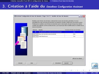 Création manuelle d'une BD et conguration du réseau I. Création d'une base de données
3. Création à l'aide du DataBase Conguration Assistant
175 / 228 Khaled Jouini c (IsitCom) Administration des bases de données 2012-2013 175 / 228
 