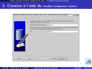 Création manuelle d'une BD et conguration du réseau I. Création d'une base de données
3. Création à l'aide du DataBase Conguration Assistant
176 / 228 Khaled Jouini c (IsitCom) Administration des bases de données 2012-2013 176 / 228
 
