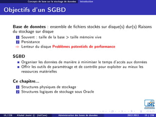 Concepts de base sur le stockage de données Introduction
Objectifs d'un SGBD
Base de données : ensemble de chiers stockés sur disque(s) dur(s) Raisons
du stockage sur disque
1 Souvent : taille de la base  taille mémoire vive
2 Persistance
⇒ Lenteur du disque Problèmes potentiels de performance
SGBD
Organiser les données de manière à minimiser le temps d'accès aux données
Orir les outils de paramétrage et de contrôle pour exploiter au mieux les
ressources matérielles
Ce chapitre...
1 Structures physiques de stockage
2 Structures logiques de stockage sous Oracle
15 / 228 Khaled Jouini c (IsitCom) Administration des bases de données 2012-2013 15 / 228
 