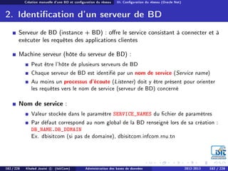 Création manuelle d'une BD et conguration du réseau III. Conguration du réseau (Oracle Net)
2. Identication d'un serveur de BD
Serveur de BD (instance + BD) : ore le service consistant à connecter et à
exécuter les requêtes des applications clientes
Machine serveur (hôte du serveur de BD) :
Peut être l'hôte de plusieurs serveurs de BD
Chaque serveur de BD est identié par un nom de service (Service name)
Au moins un processus d'écoute (Listener) doit y être présent pour orienter
les requêtes vers le nom de service (serveur de BD) concerné
Nom de service :
Valeur stockée dans le paramètre SERVICE_NAMES du chier de paramètres
Par défaut correspond au nom global de la BD renseigné lors de sa création :
DB_NAME.DB_DOMAIN
Ex. dbisitcom (si pas de domaine), dbisitcom.infcom.rnu.tn
182 / 228 Khaled Jouini c (IsitCom) Administration des bases de données 2012-2013 182 / 228
 