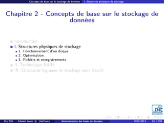 Concepts de base sur le stockage de données I. Structures physiques de stockage
Chapitre 2 - Concepts de base sur le stockage de
données
Introduction
I. Structures physiques de stockage
1. Fonctionnement d'un disque
2. Optimisation
3. Fichiers et enregistrements
II. Technologie RAID
III. Structures logiques de stockage sous Oracle
16 / 228 Khaled Jouini c (IsitCom) Administration des bases de données 2012-2013 16 / 228
 