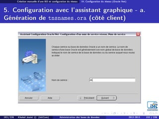 Création manuelle d'une BD et conguration du réseau III. Conguration du réseau (Oracle Net)
5. Conguration avec l'assistant graphique - a.
Génération de tnsnames.ora (côté client)
193 / 228 Khaled Jouini c (IsitCom) Administration des bases de données 2012-2013 193 / 228
 