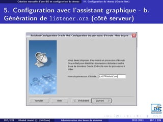 Création manuelle d'une BD et conguration du réseau III. Conguration du réseau (Oracle Net)
5. Conguration avec l'assistant graphique - b.
Génération de listener.ora (côté serveur)
197 / 228 Khaled Jouini c (IsitCom) Administration des bases de données 2012-2013 197 / 228
 