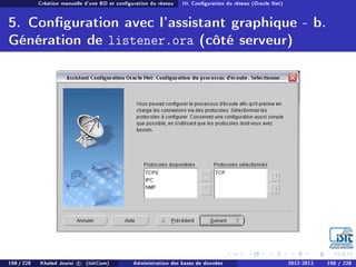 Création manuelle d'une BD et conguration du réseau III. Conguration du réseau (Oracle Net)
5. Conguration avec l'assistant graphique - b.
Génération de listener.ora (côté serveur)
198 / 228 Khaled Jouini c (IsitCom) Administration des bases de données 2012-2013 198 / 228
 