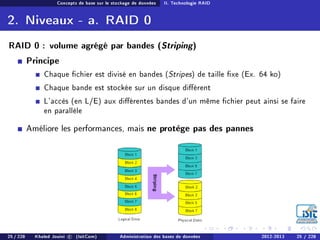 Concepts de base sur le stockage de données II. Technologie RAID
2. Niveaux - a. RAID 0
RAID 0 : volume agrégé par bandes (Striping)
Principe
Chaque chier est divisé en bandes (Stripes) de taille xe (Ex. 64 ko)
Chaque bande est stockée sur un disque diérent
L'accès (en L/E) aux diérentes bandes d'un même chier peut ainsi se faire
en parallèle
Améliore les performances, mais ne protège pas des pannes
25 / 228 Khaled Jouini c (IsitCom) Administration des bases de données 2012-2013 25 / 228
 