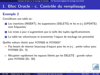 Concepts de base sur le stockage de données III. Structures logiques de stockage sous Oracle
1. Bloc Oracle - c. Contrôle du remplissage
Exemple 2
Considérons une table où :
1 Les insertions (INSERT), les suppressions (DELETE) et les m-à-j (UPDATE)
sont fréquentes;
2 Les mises à jour n'augmentent pas la taille des tuples signicativement;
3 La table est volumineuse et économiser l'espace de stockage est primordial
Quelles valeurs choisir pour PCTFREE et PCTUSED?
⇒ Pas besoin de réserver beaucoup d'espace pour les m-à-j : petite valeur pour
PCTFREE (Ex. 5)
⇒ Récupérer rapidement les espaces libérés par les DELETE : grande valeur
pour PCTUSED (Ex. 60)
39 / 228 Khaled Jouini c (IsitCom) Administration des bases de données 2012-2013 39 / 228
 