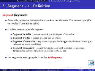 Concepts de base sur le stockage de données III. Structures logiques de stockage sous Oracle
3. Segment - a. Dénition
Segment (Segment)
Ensemble de toutes les extensions stockant les données d'un même type (Ex.
les tuples d'une même table)
Il existe quatre types de segment
Segment de table : espace occupé par les tuples d'une table
Segment d'index : espace occupé par un index
Segment d'annulation : espace occupé par les images des données avant que
celles-ci ne soient modiées
Segment temporaire : espace temporaire où sont stockées les données
temporaires utilisées lors d'un tri, d'une jointure, etc.
Les segments sont groupés dans des tablespaces
42 / 228 Khaled Jouini c (IsitCom) Administration des bases de données 2012-2013 42 / 228
 