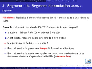 Concepts de base sur le stockage de données III. Structures logiques de stockage sous Oracle
3. Segment - b. Segment d'annulation (RollBack
Segment)
Problème : Nécessité d'annuler des actions sur les données, suite à une panne ou
autre
Exemple : virement bancaire de 100DT d'un compte A à un compte B
2 actions : débiter A de 100 et créditer B de 100
A est débité, mais une panne empêche B d'être crédité
⇒ la mise-à-jour de A doit être annulée!!
⇒ il est nécessaire de garder une image de A avant sa mise-à-jour
⇒ il est nécessaire de savoir avec quelles autres actions la mise-à-jour de A
forme une séquence d'opérations indivisible (=transaction)
43 / 228 Khaled Jouini c (IsitCom) Administration des bases de données 2012-2013 43 / 228
 
