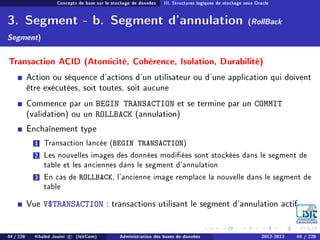 Concepts de base sur le stockage de données III. Structures logiques de stockage sous Oracle
3. Segment - b. Segment d'annulation (RollBack
Segment)
Transaction ACID (Atomicité, Cohérence, Isolation, Durabilité)
Action ou séquence d'actions d'un utilisateur ou d'une application qui doivent
être exécutées, soit toutes, soit aucune
Commence par un BEGIN TRANSACTION et se termine par un COMMIT
(validation) ou un ROLLBACK (annulation)
Enchaînement type
1 Transaction lancée (BEGIN TRANSACTION)
2 Les nouvelles images des données modiées sont stockées dans le segment de
table et les anciennes dans le segment d'annulation
3 En cas de ROLLBACK, l'ancienne image remplace la nouvelle dans le segment de
table
Vue V$TRANSACTION : transactions utilisant le segment d'annulation actif
44 / 228 Khaled Jouini c (IsitCom) Administration des bases de données 2012-2013 44 / 228
 