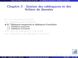 Gestion des tablespaces et des chiers de données III. Tablespaces temporaires et tablespaces d'annulation
Chapitre 3 - Gestion des tablespaces et des
chiers de données
I. Vue d'ensemble et directives
II. Tablespaces gérés localement
III. Tablespaces temporaires et tablespaces d'annulation
1. Tablespaces temporaires
2. Tablespaces d'annulation
IV. Gérer des tablespaces à l'aide d'OMF
V. Information sur les tablespaces et les chiers
64 / 228 Khaled Jouini c (IsitCom) Administration des bases de données 2012-2013 64 / 228
 