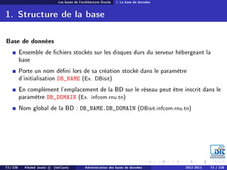 Les bases de l'architecture Oracle I. La base de données
1. Structure de la base
Base de données
Ensemble de chiers stockés sur les disques durs du serveur hébergeant la
base
Porte un nom déni lors de sa création stocké dans le paramètre
d'initialisation DB_NAME (Ex. DBisit)
En complément l'emplacement de la BD sur le réseau peut être inscrit dans le
paramètre DB_DOMAIN (Ex. infcom.rnu.tn)
Nom global de la BD : DB_NAME.DB_DOMAIN (DBisit.infcom.rnu.tn)
73 / 228 Khaled Jouini c (IsitCom) Administration des bases de données 2012-2013 73 / 228
 