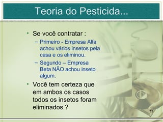 Teoria do Pesticida... Se você contratar : Primeiro - Empresa Alfa achou vários insetos pela casa e os eliminou.  Segundo – Empresa Beta NÃO achou inseto algum. Você tem certeza que em ambos os casos todos os insetos foram eliminados ? 