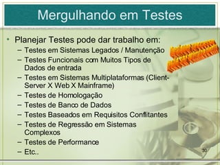 Mergulhando em Testes Planejar Testes pode dar trabalho em: Testes em Sistemas Legados / Manutenção Testes Funcionais com Muitos Tipos de Dados de entrada Testes em Sistemas Multiplataformas (Client-Server X Web X Mainframe) Testes de Homologação Testes de Banco de Dados Testes Baseados em Requisitos Conflitantes Testes de Regressão em Sistemas Complexos Testes de Performance Etc.. Qualquer processo pode ser otimizado!!! 
