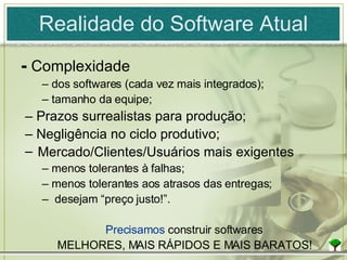 -  Complexidade – dos softwares (cada vez mais integrados); – tamanho da equipe; – Prazos surrealistas para produção; – Negligência no ciclo produtivo; Mercado/Clientes/Usuários mais exigentes – menos tolerantes à falhas; – menos tolerantes aos atrasos das entregas; –  desejam “preço justo!”.  Precisamos  construir softwares MELHORES, MAIS RÁPIDOS E MAIS BARATOS! Realidade do Software Atual 