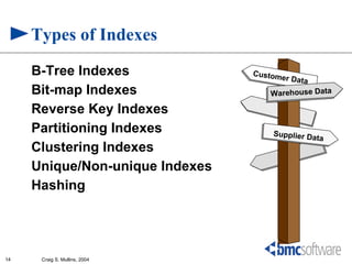 Types of Indexes
     B-Tree Indexes              Custom
                                       er   Data
     Bit-map Indexes                Warehouse Data

     Reverse Key Indexes
     Partitioning Indexes            Supplier Da
                                                   ta
     Clustering Indexes
     Unique/Non-unique Indexes
     Hashing




14    Craig S. Mullins, 2004
 